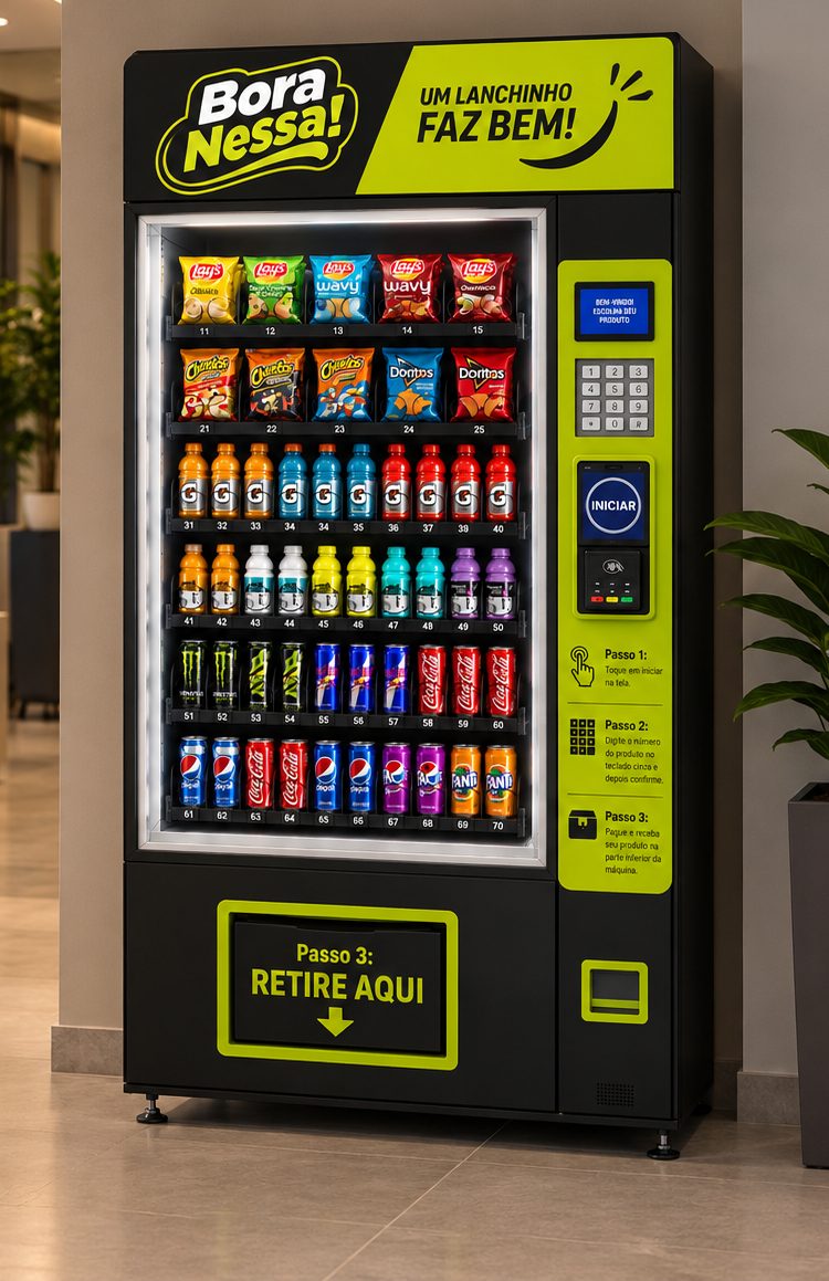 Máquina BORA NESSA! instalada na recepção de uma clínica, com snacks, isotônicos e refrigerantes