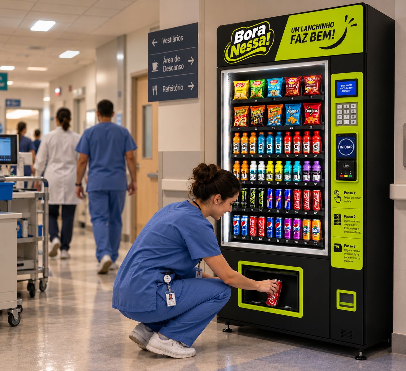 Profissional de saúde retirando uma lata de refrigerante de uma BORA NESSA! no corredor de um hospital