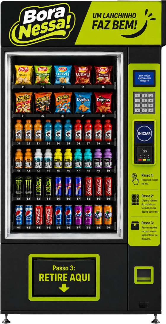Máquina BORA NESSA! com snacks, isotônicos, energéticos e refrigerantes